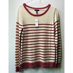Gap Womens S Ivory Burgundy Striped Knit Round Neck Long Sleeve Pullover Sweater